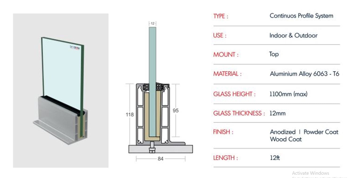 SD 29 Continuous Profile System Aluminum Glass Railing Base Profile for Balcony and Staircase, Indoor and Outdoor Top Mount Design, Durable Finish, Easy Installation for Modern Projects